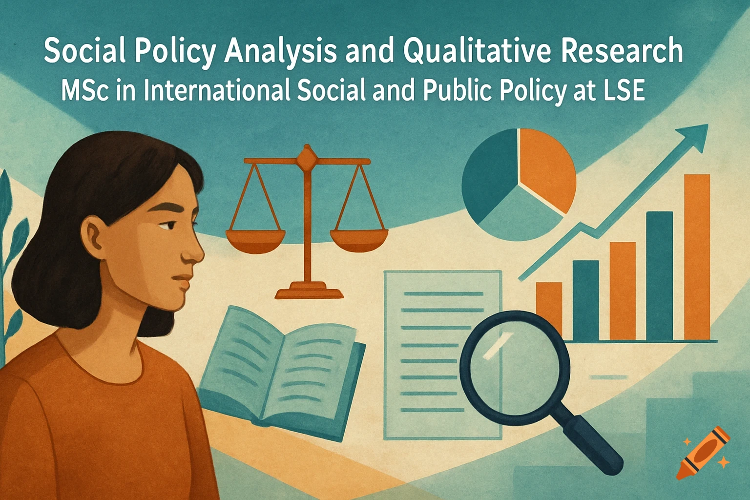 Illustration of a woman, scales, book, document, graph, pie chart, magnifying glass, and text about social policy.