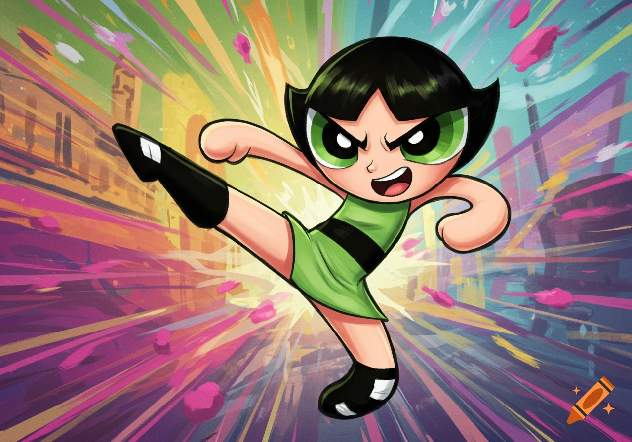 Cartoon image of Buttercup from Powerpuff Girls kicking with a dynamic background.
