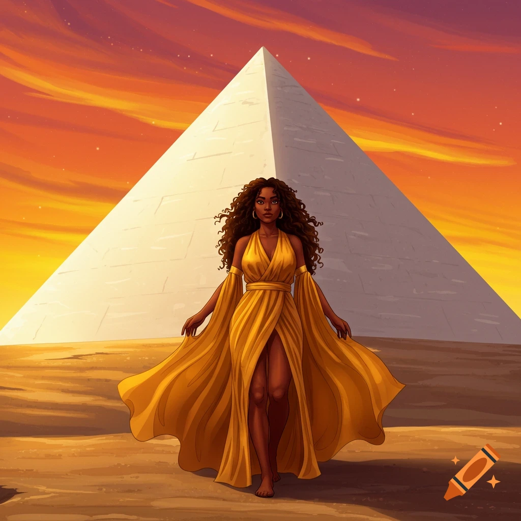 A woman in a yellow dress stands before a large pyramid at sunset in the desert.