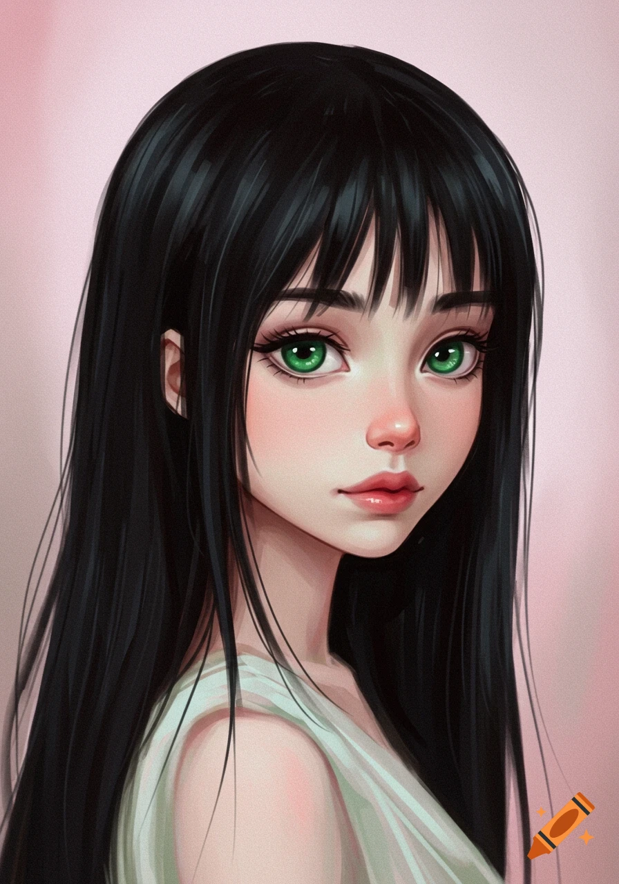 Stylized portrait of a girl with black hair and green eyes