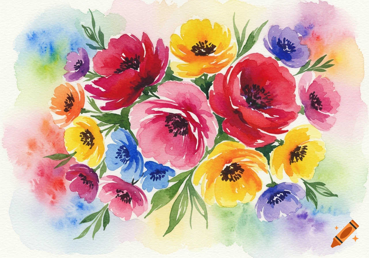A watercolor painting of a vibrant bouquet of flowers in various colors ...