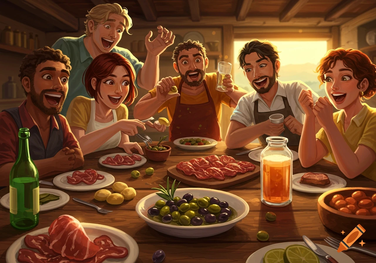 Illustrative style image of a group of happy people enjoying a meal with olives, meat, and drinks on a table.