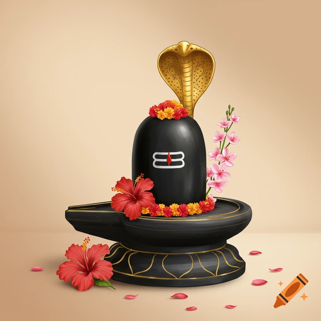 Stylized depiction of a black Shiva Lingam on a base, adorned with red and pink flowers and a golden serpent hood.