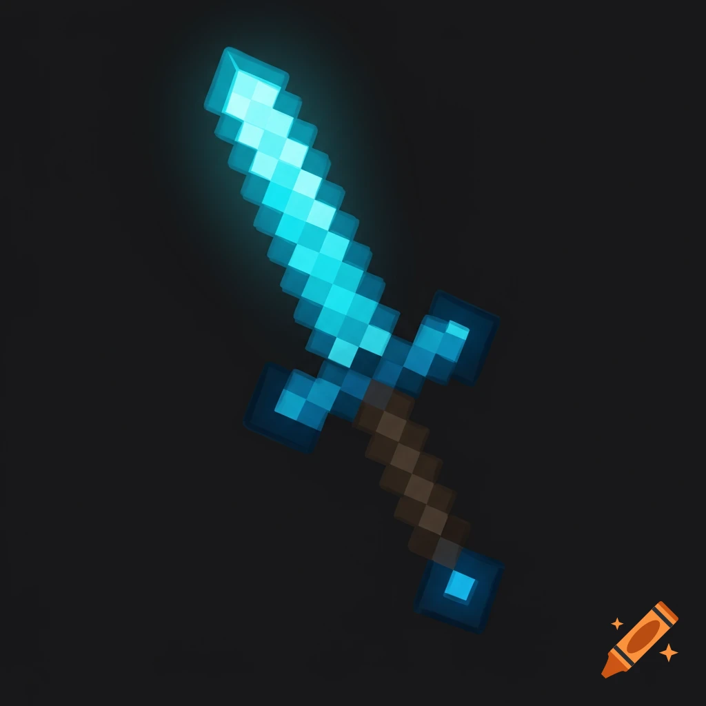 A pixelated glowing blue sword against a dark background.