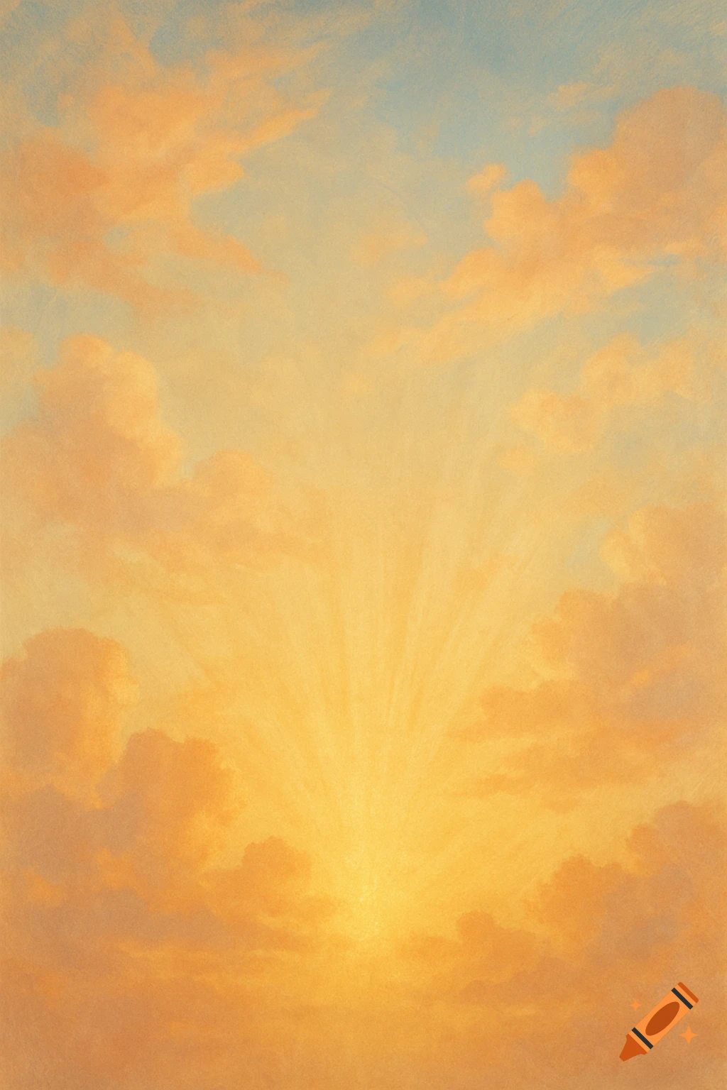 Golden sun rays break through orange clouds in a blue sky.