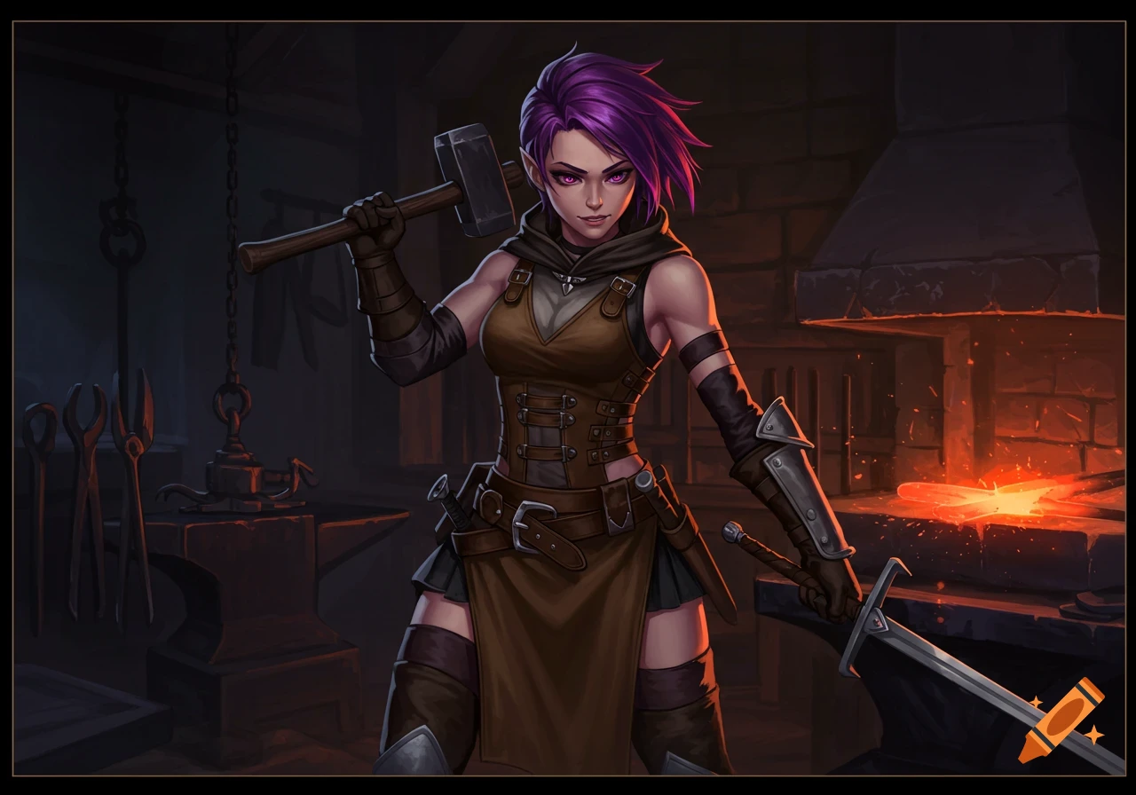 Anime female blacksmith holding a hammer and a sword in a forge.