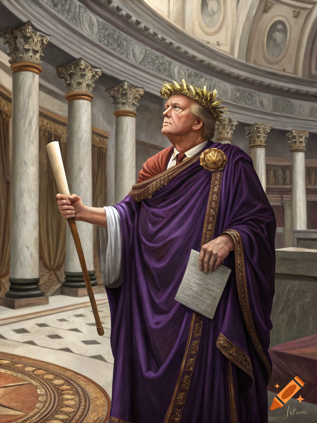 Painting of Donald Trump dressed as a Roman emperor in a classical building