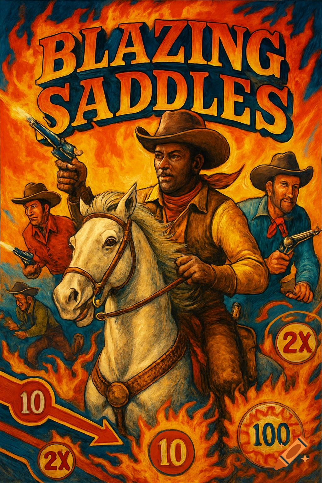 Stylized poster art of cowboys on horses with guns and Blazing Saddles text, surrounded by fire and pinball score elements.