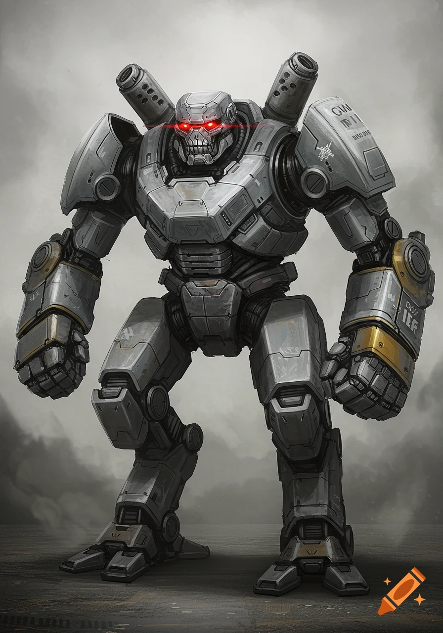A large gray metal robot with red glowing eyes and shoulder cannons.