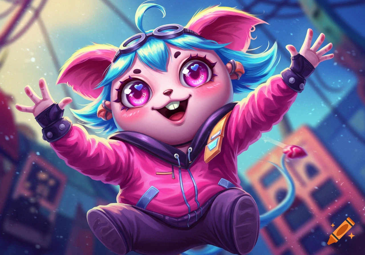 Cute cartoon mouse character with big eyes, goggles, and a pink hoodie, raising its arms happily.