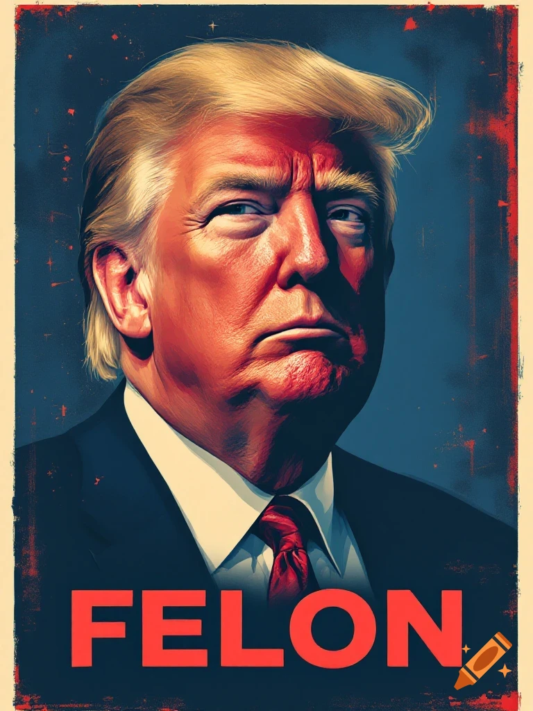 Distressed poster of Donald Trump's face with "FELON" below.