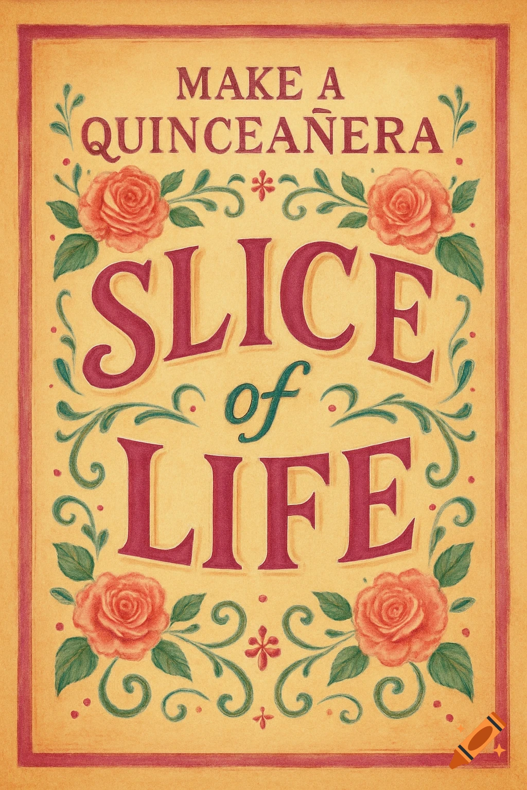 Decorative poster with text 'Make a Quinceañera Slice of Life' and roses