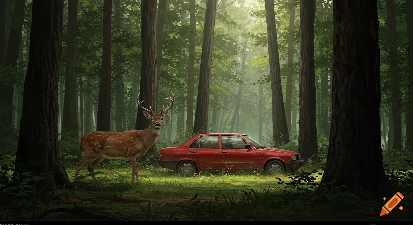 A spotted deer stands in a sunlit forest next to a red sedan. Digital painting style.