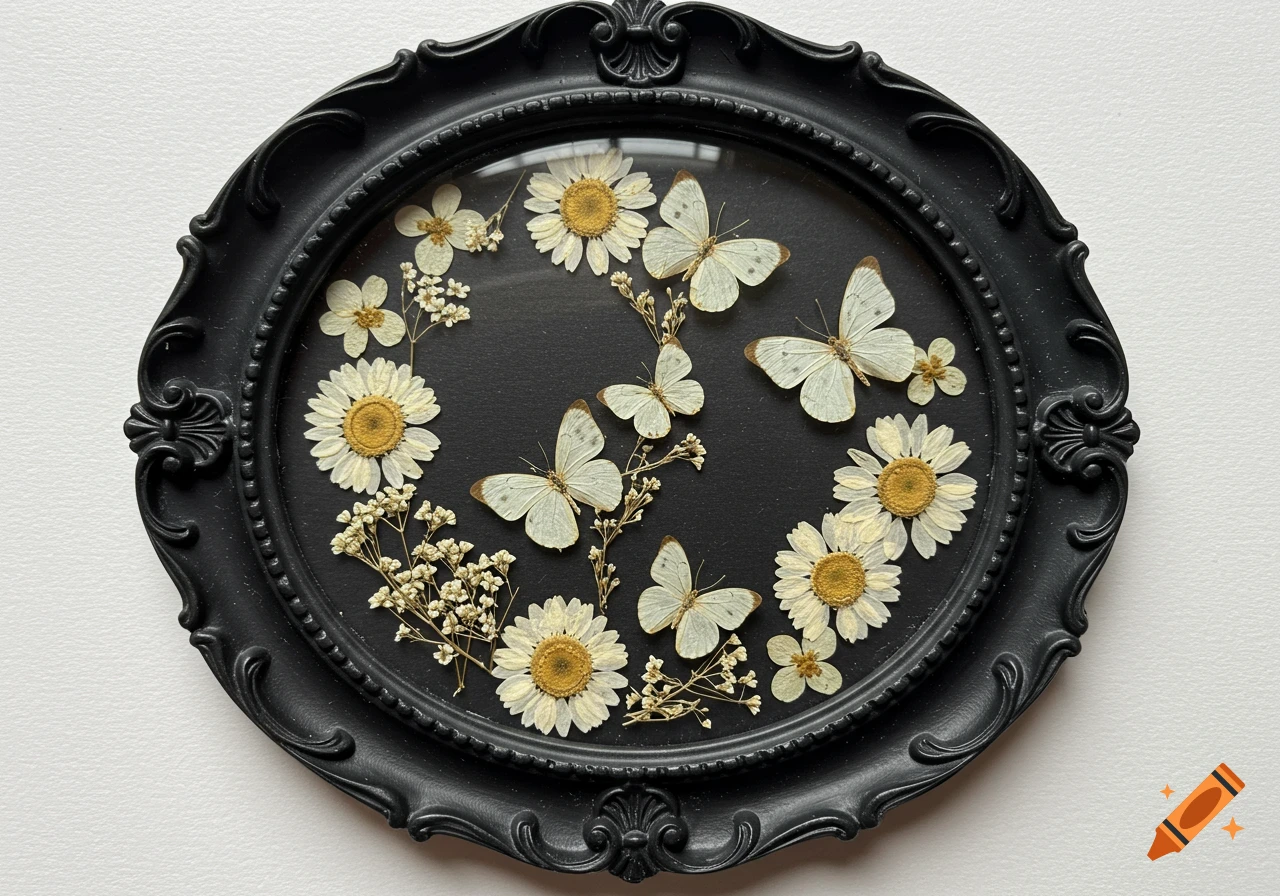Pressed white butterflies and dried white flowers are arranged inside a black oval frame with a black background.