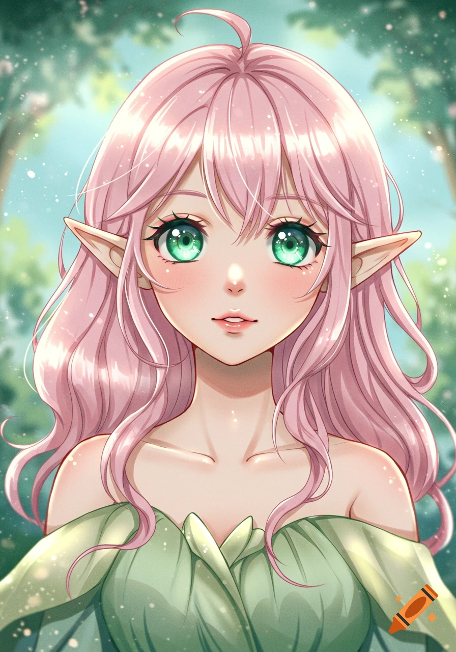 Anime portrait of an elf girl with pink hair and green eyes in a forest ...