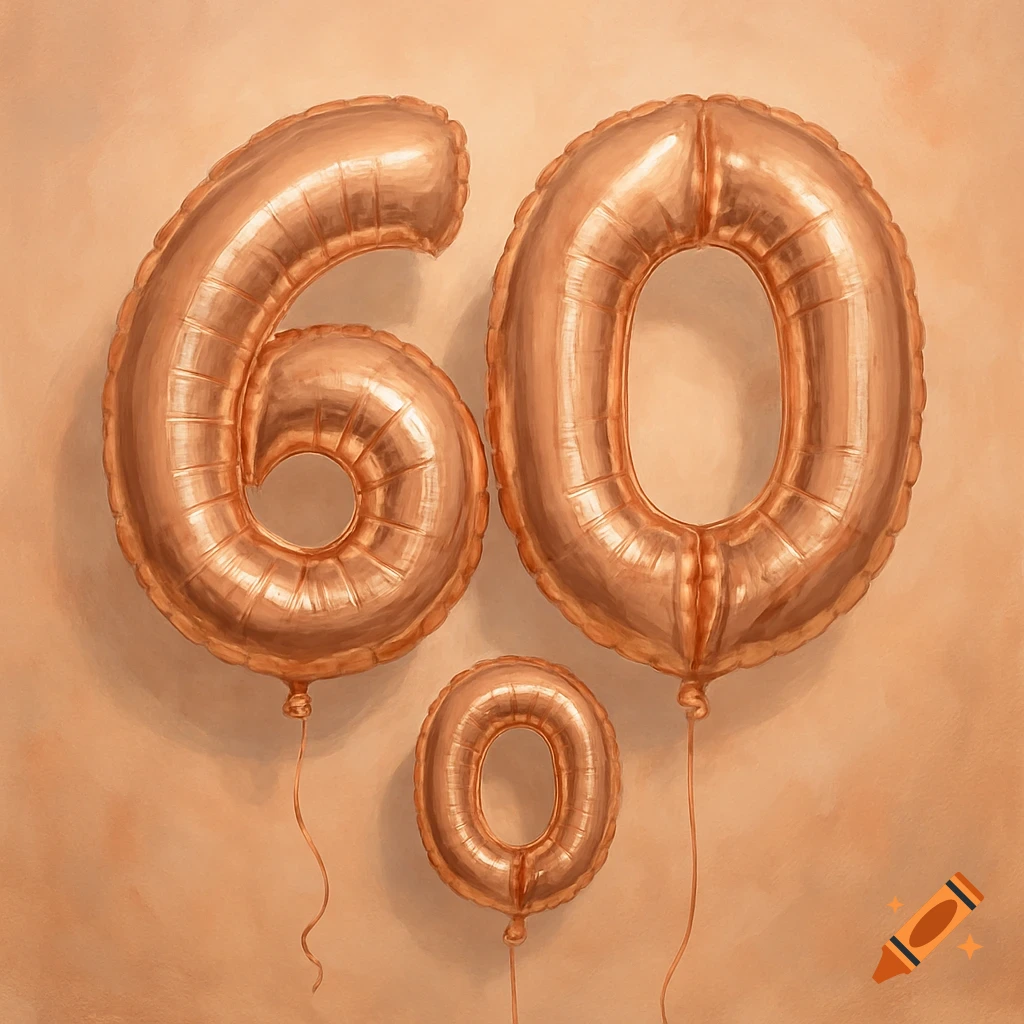 Rose gold balloons shaped like 60, with a small zero, against a beige background.