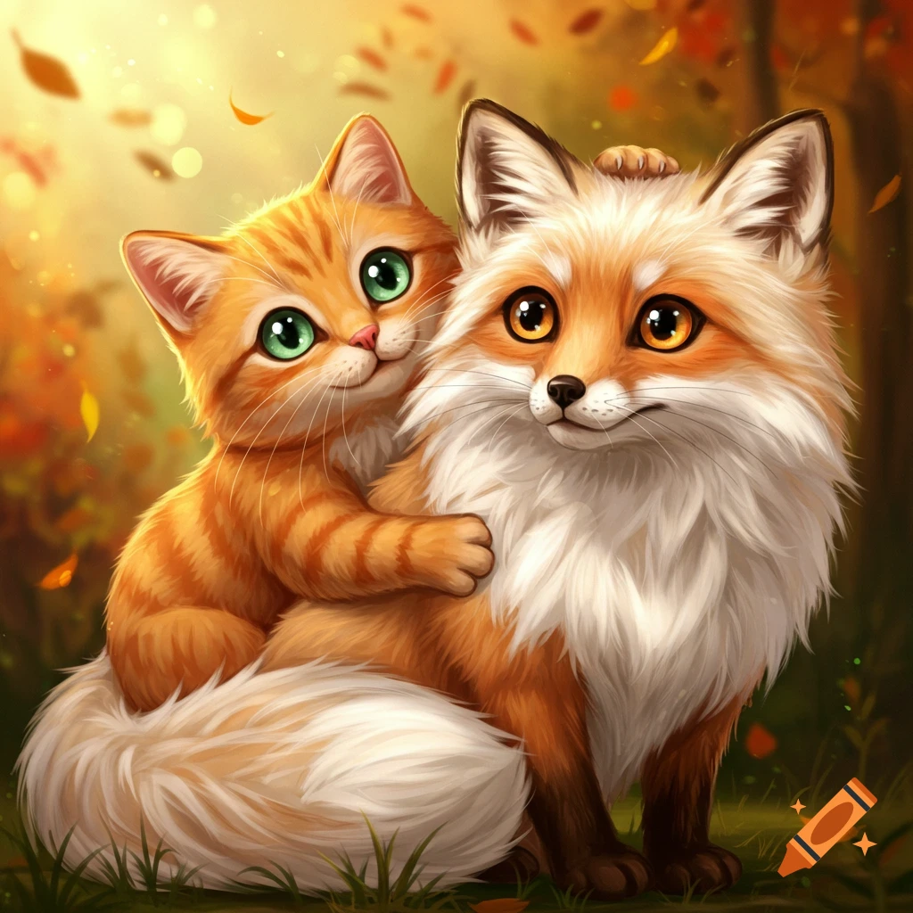 Cute illustrated cat hugging a fox in autumn forest