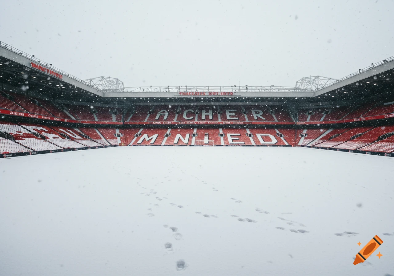 Snow falls on the Manchester United stadium, Old Trafford, covering the pitch.