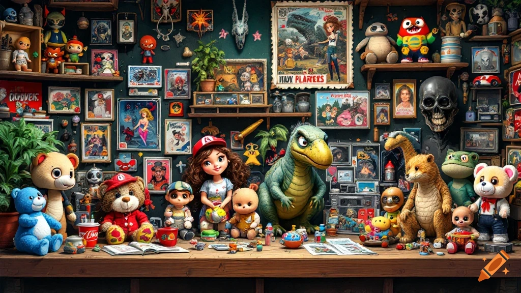 A crowded table filled with toys and collectibles including dolls, teddy bears, dinosaurs, posters, and various items.
