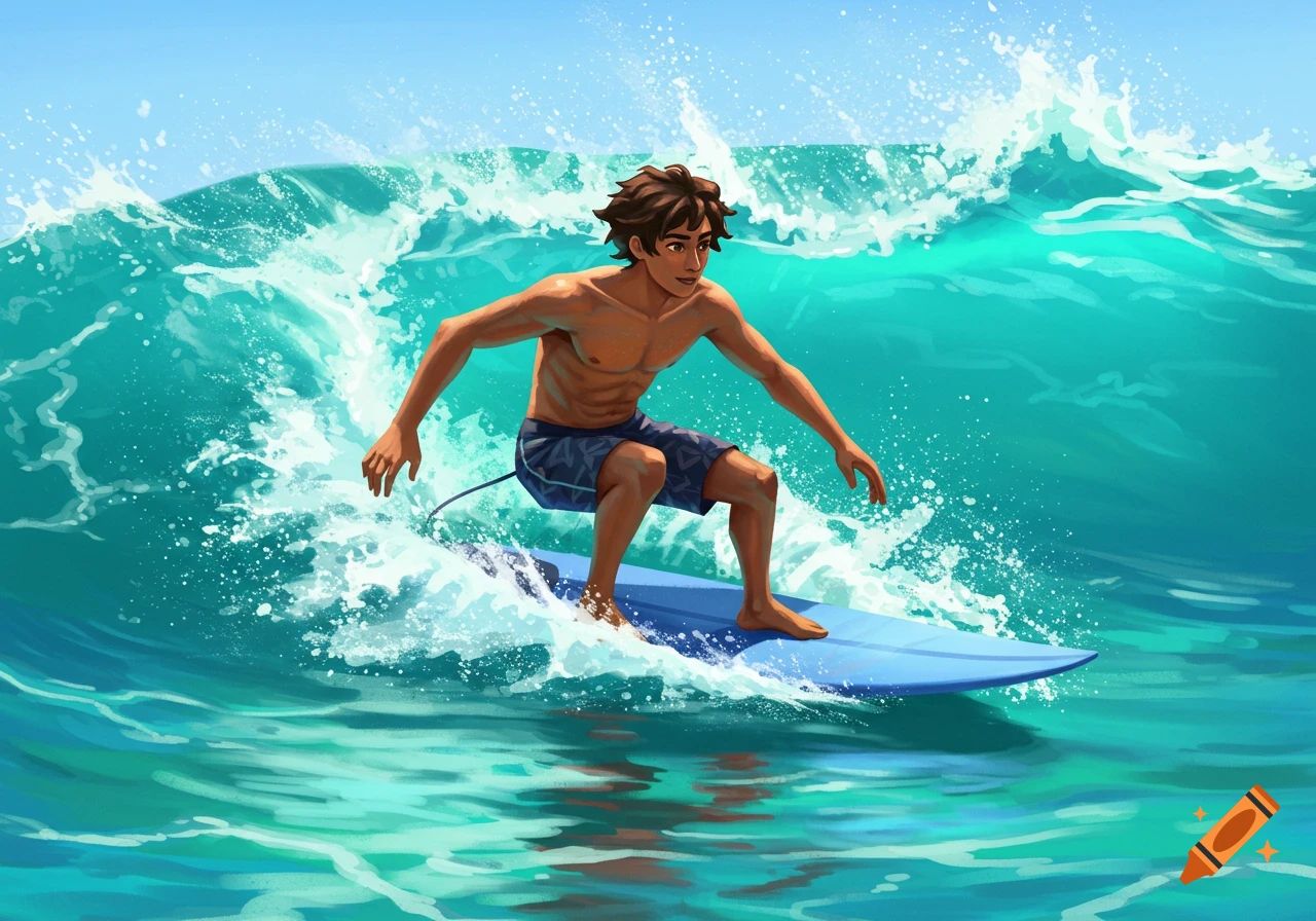 Illustration of a man surfing a large wave on a blue surfboard.