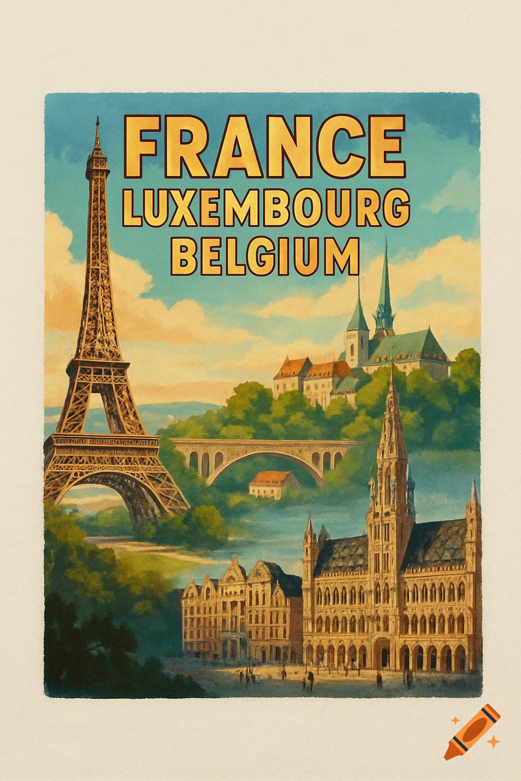 Vintage-style travel poster showing the Eiffel Tower, European buildings, and the text FRANCE LUXEMBOURG BELGIUM.