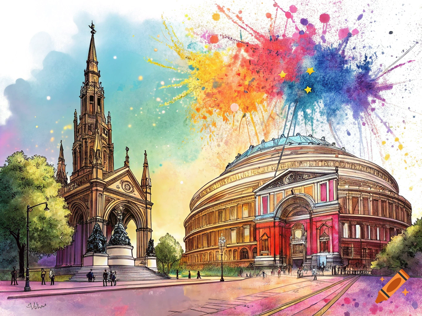 Watercolor painting of the Royal Albert Hall and Albert Memorial buildings with abstract colorful splashes in the sky.