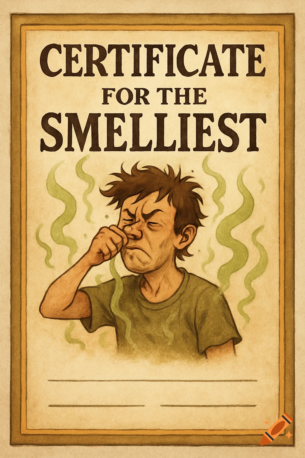 Certificate for the smelliest with illustration of a person holding their nose.
