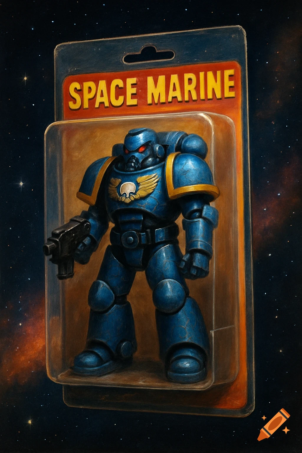 A Space Marine action figure in blister packaging floats in space.