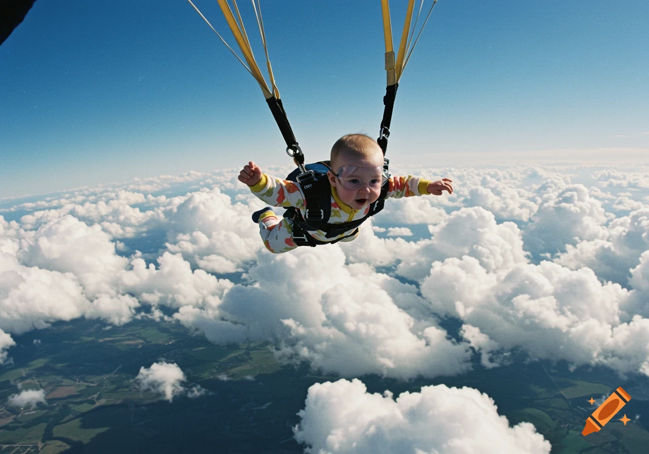 Photorealistic image of a baby skydiving above clouds.