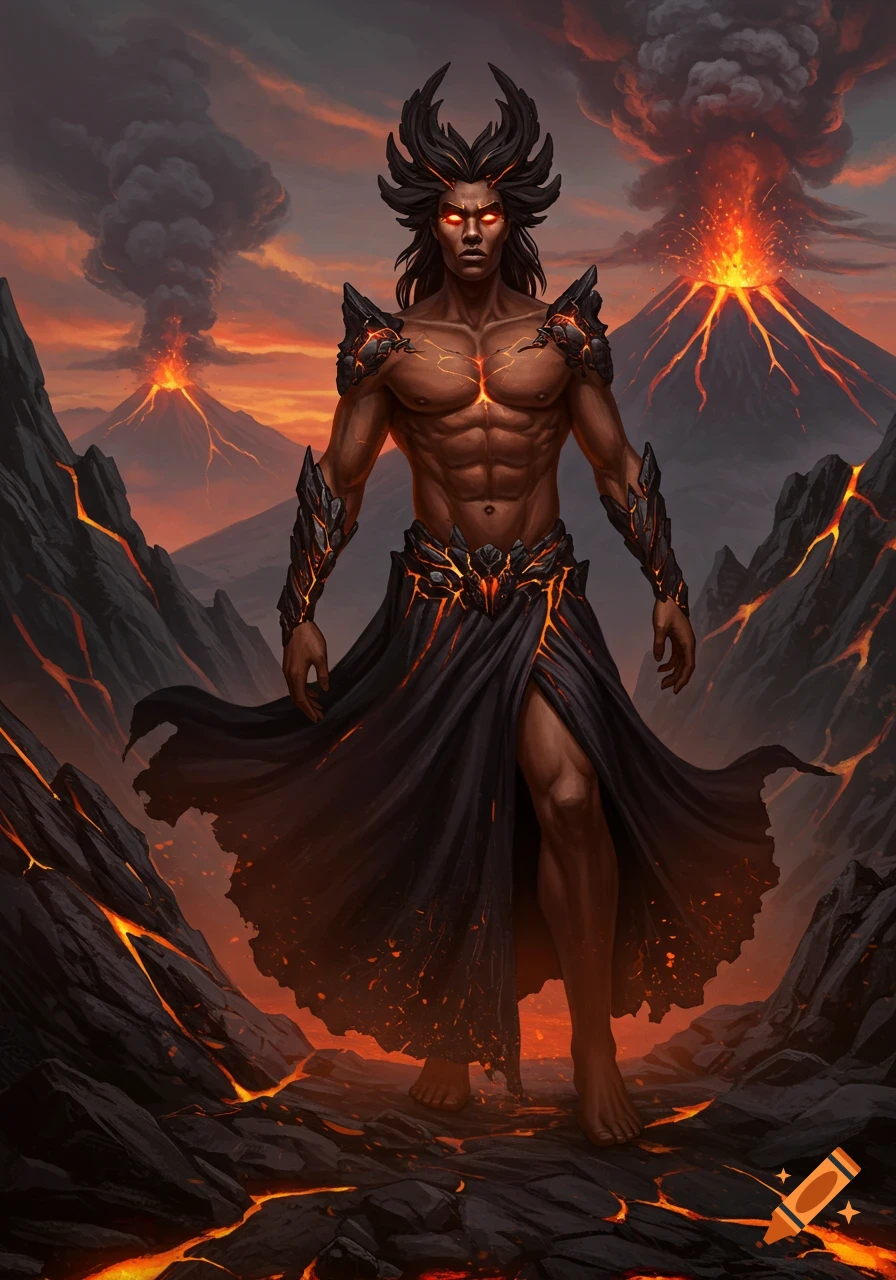 Muscular man with lava armor and horns in a volcanic setting.