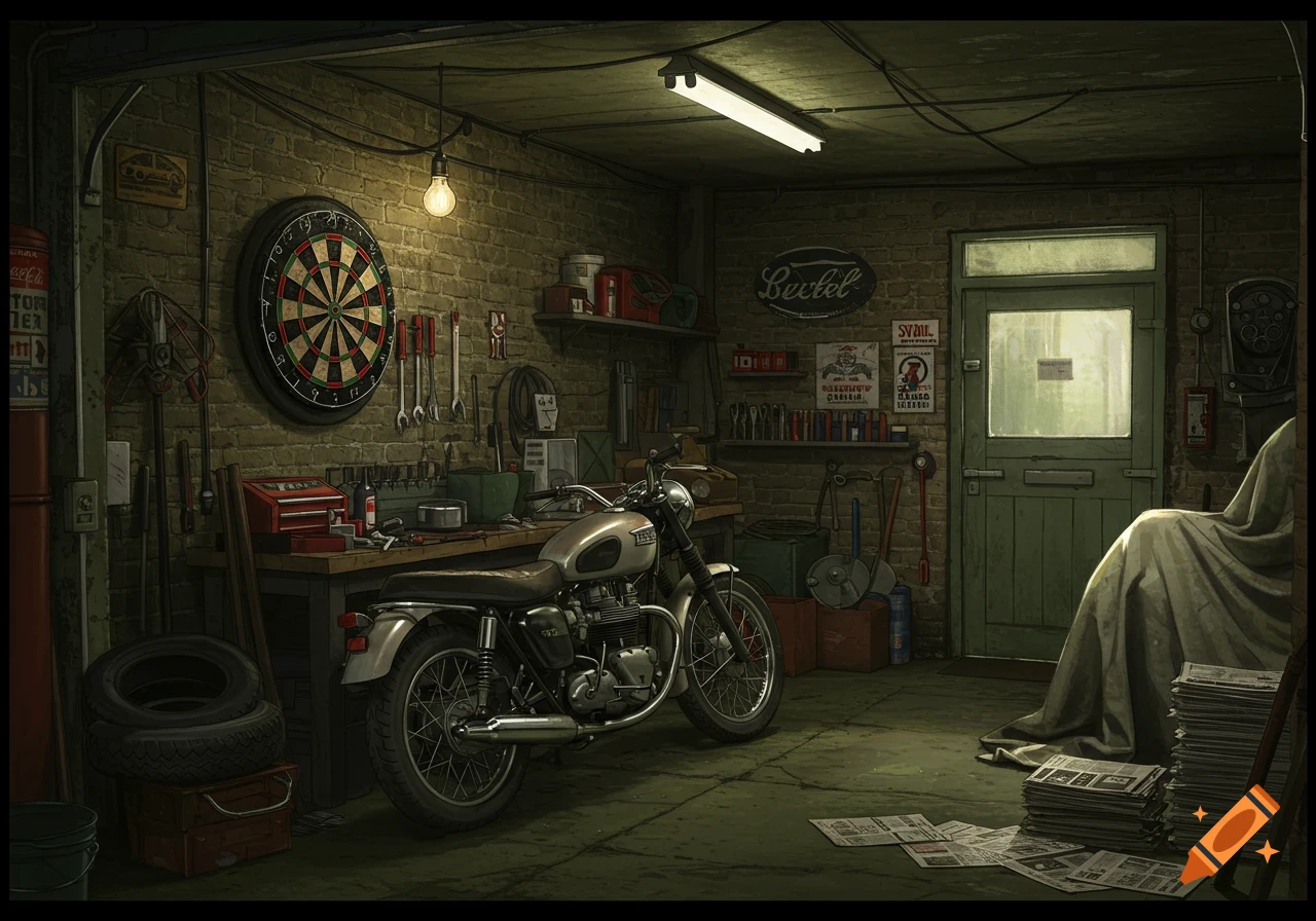 A detailed illustration of a vintage British garage interior with a motorcycle, workbench, dartboard, and tools.