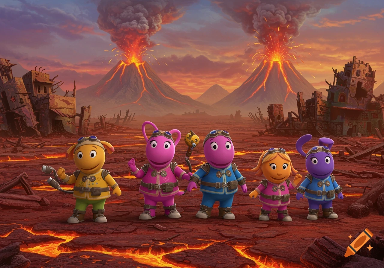 The Backyardigans characters stand in a dramatic post-apocalyptic volcanic landscape with erupting volcanoes.