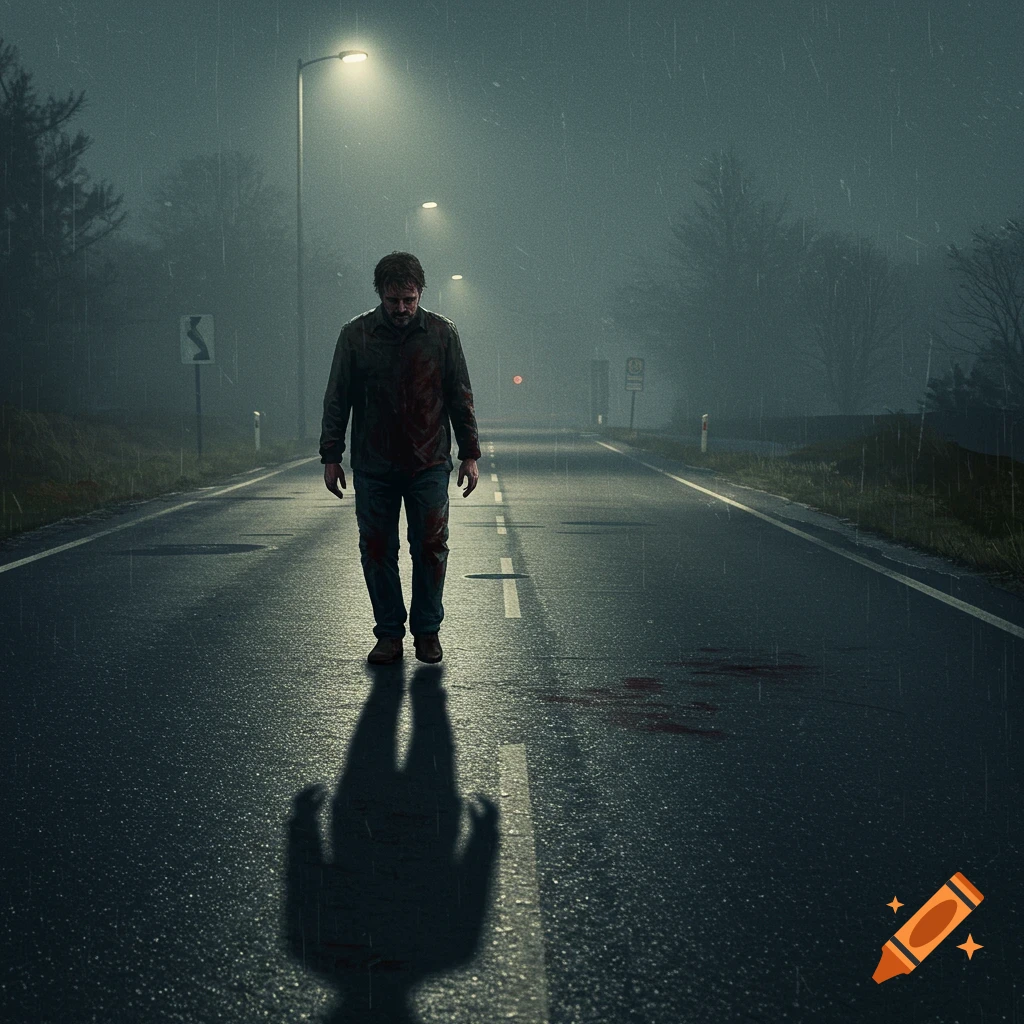 Injured man with bloodstains walking on a wet road in the rain at night