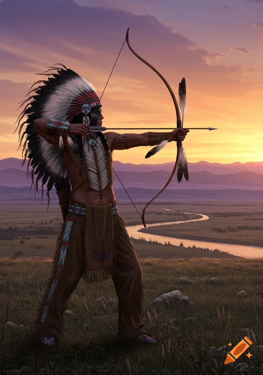 Native American archer aiming a bow and arrow in a grassy landscape at sunset.