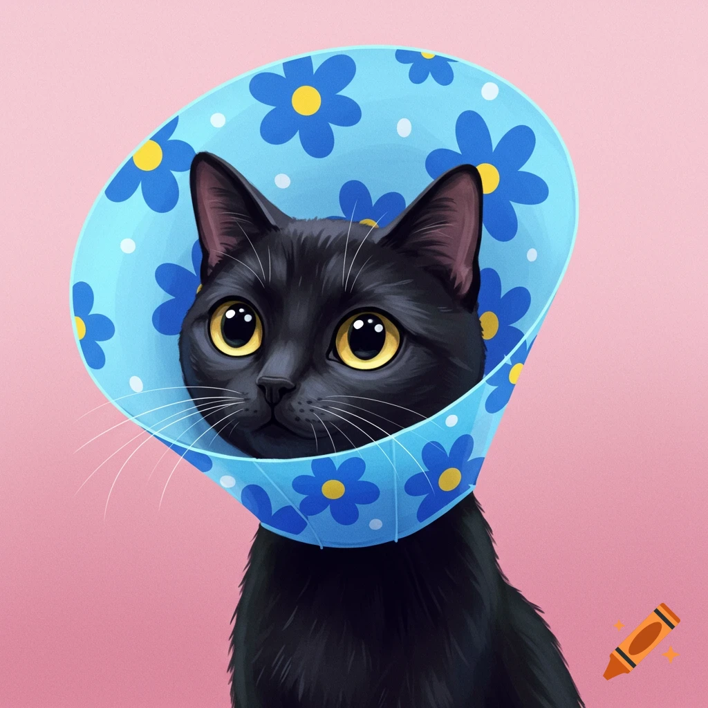Illustration of a black cat wearing a blue cone with flowers.