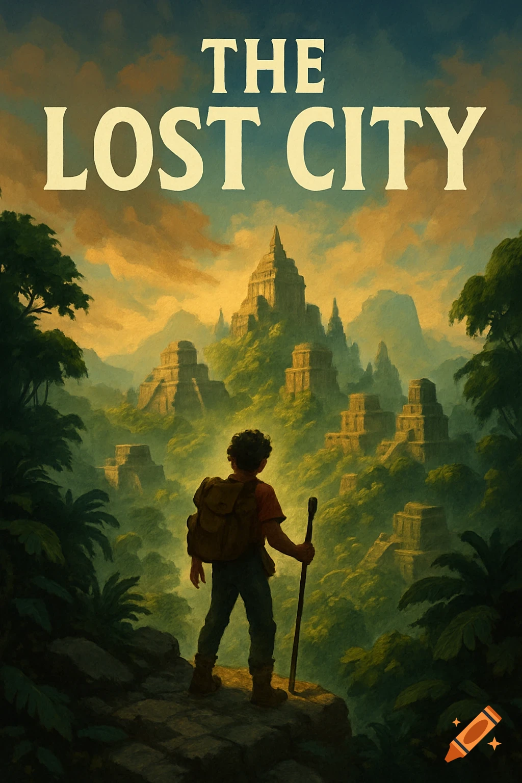 A person looks out at ancient jungle ruins with the text 'THE LOST CITY'.