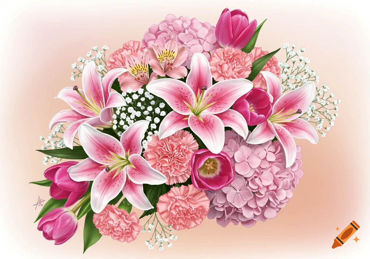 A bouquet of pink and white lilies, tulips, carnations, and hydrangeas.