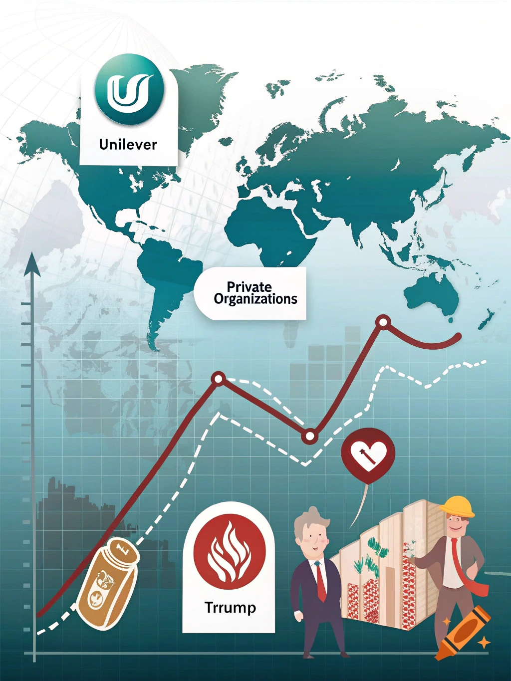 Illustration of a world map background with business graphs, icons, and figures representing market changes.