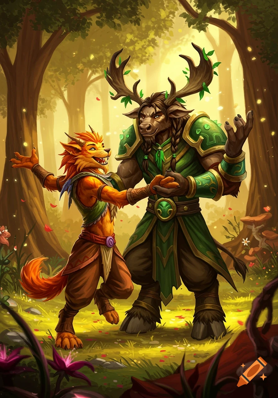 Illustration of a fox character and a bull character dancing in a forest.
