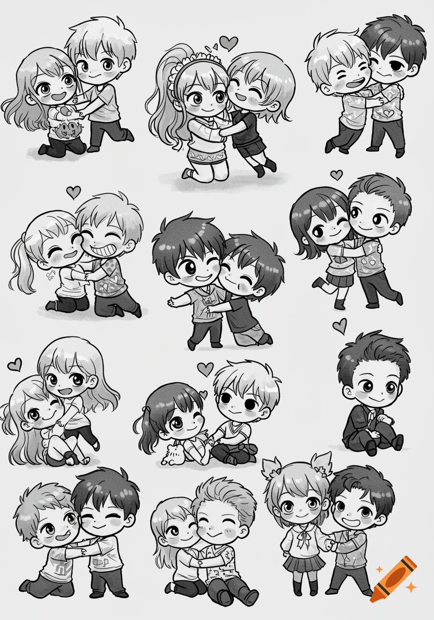 Black and white illustration of multiple chibi couples hugging and posing.