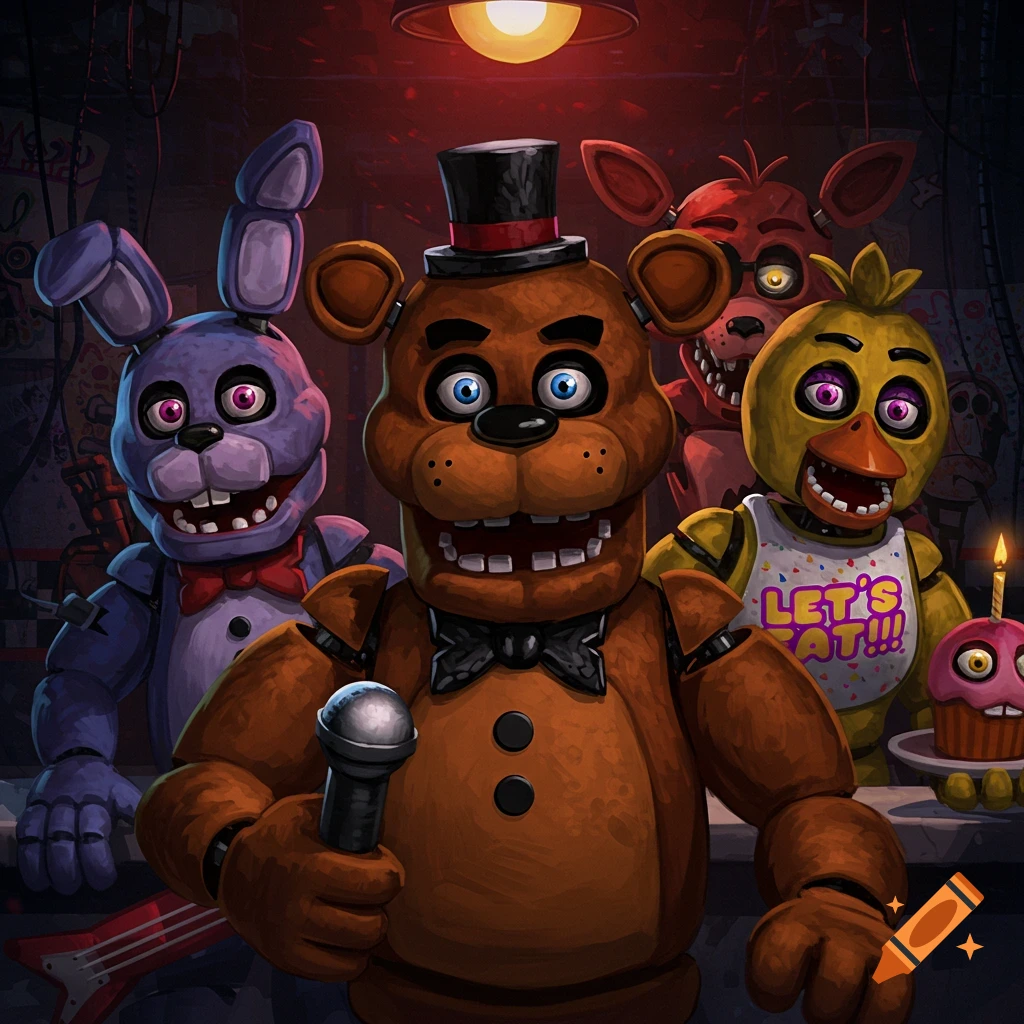 An illustration of Freddy Fazbear, Bonnie, Chica, and Foxy from Five Nights at Freddy's.
