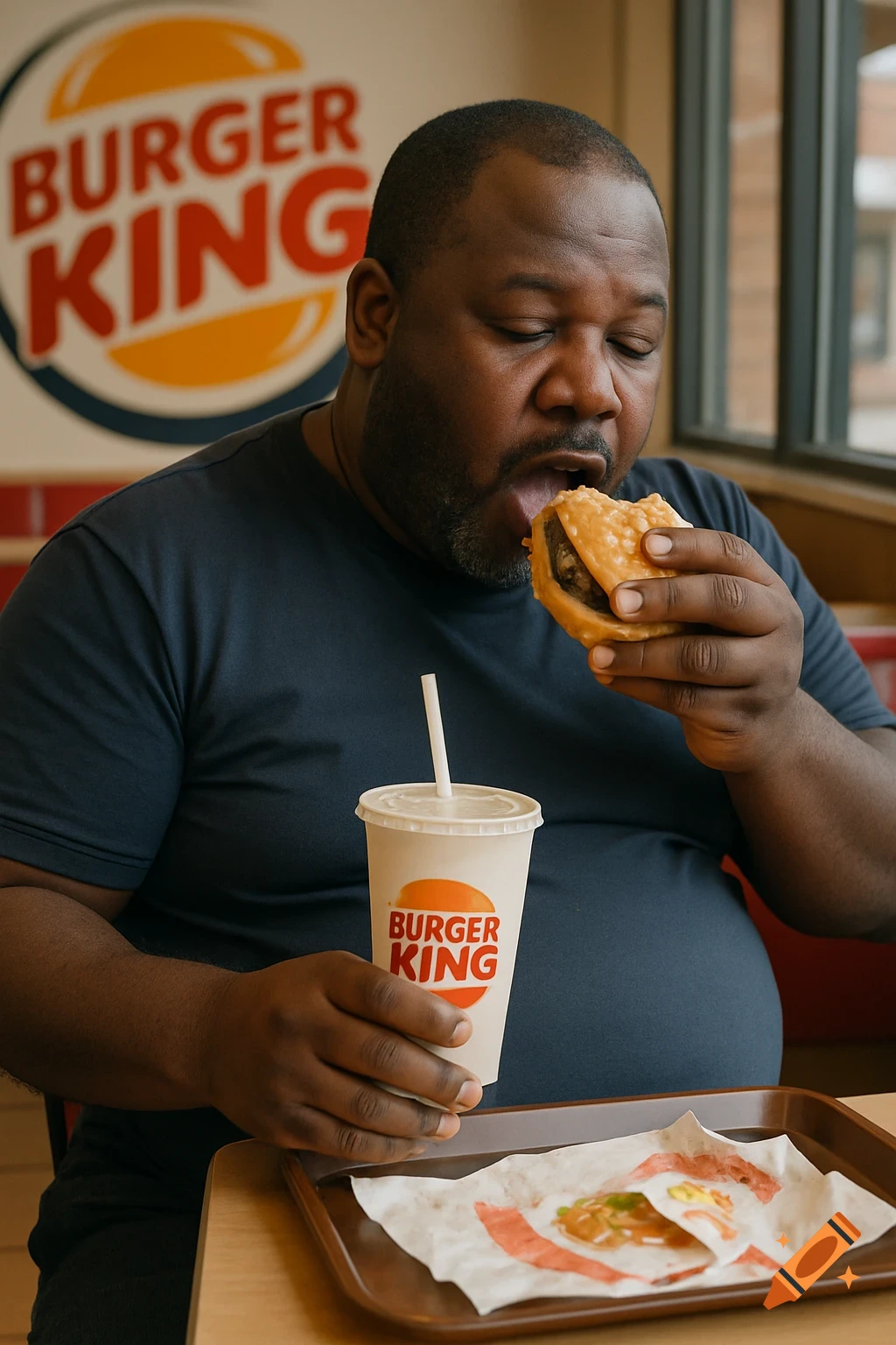 A man eats a burger and drinks a soda at a Burger King restaurant.