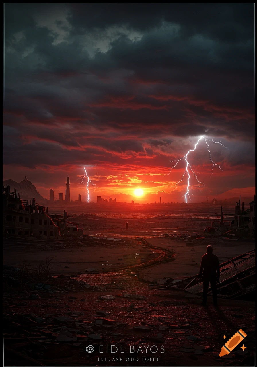 Post-apocalyptic landscape with destroyed city, red sky, lightning, and silhouetted figures.