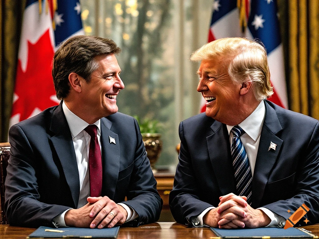 Two men in suits sit across a table from each other, smiling. Flags are visible in the background.
