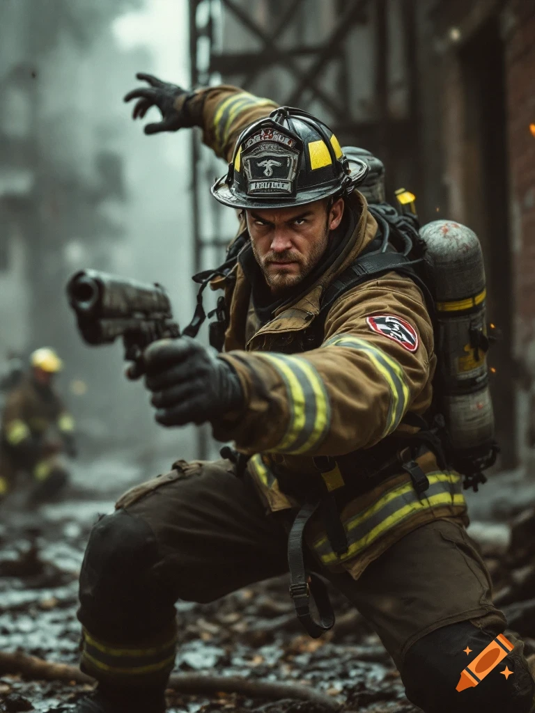 Photorealistic image of a firefighter in gear kneeling, holding a pistol.