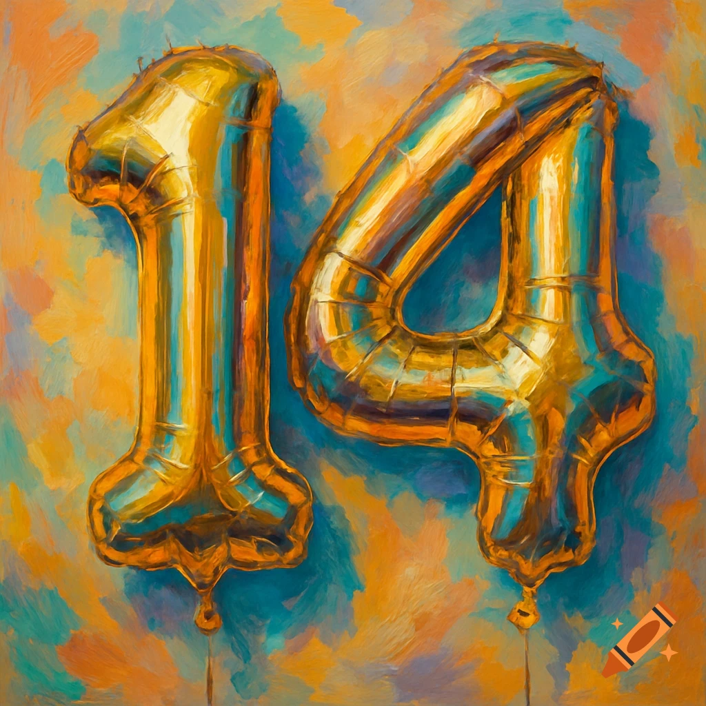 Golden balloon numbers 14 in a painterly style.