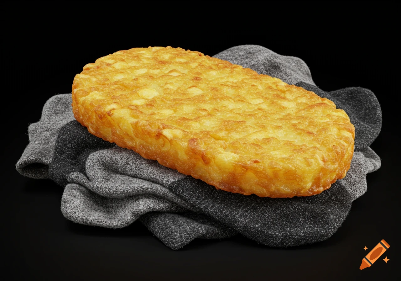 A realistic hash brown rests on a pile of grey socks.