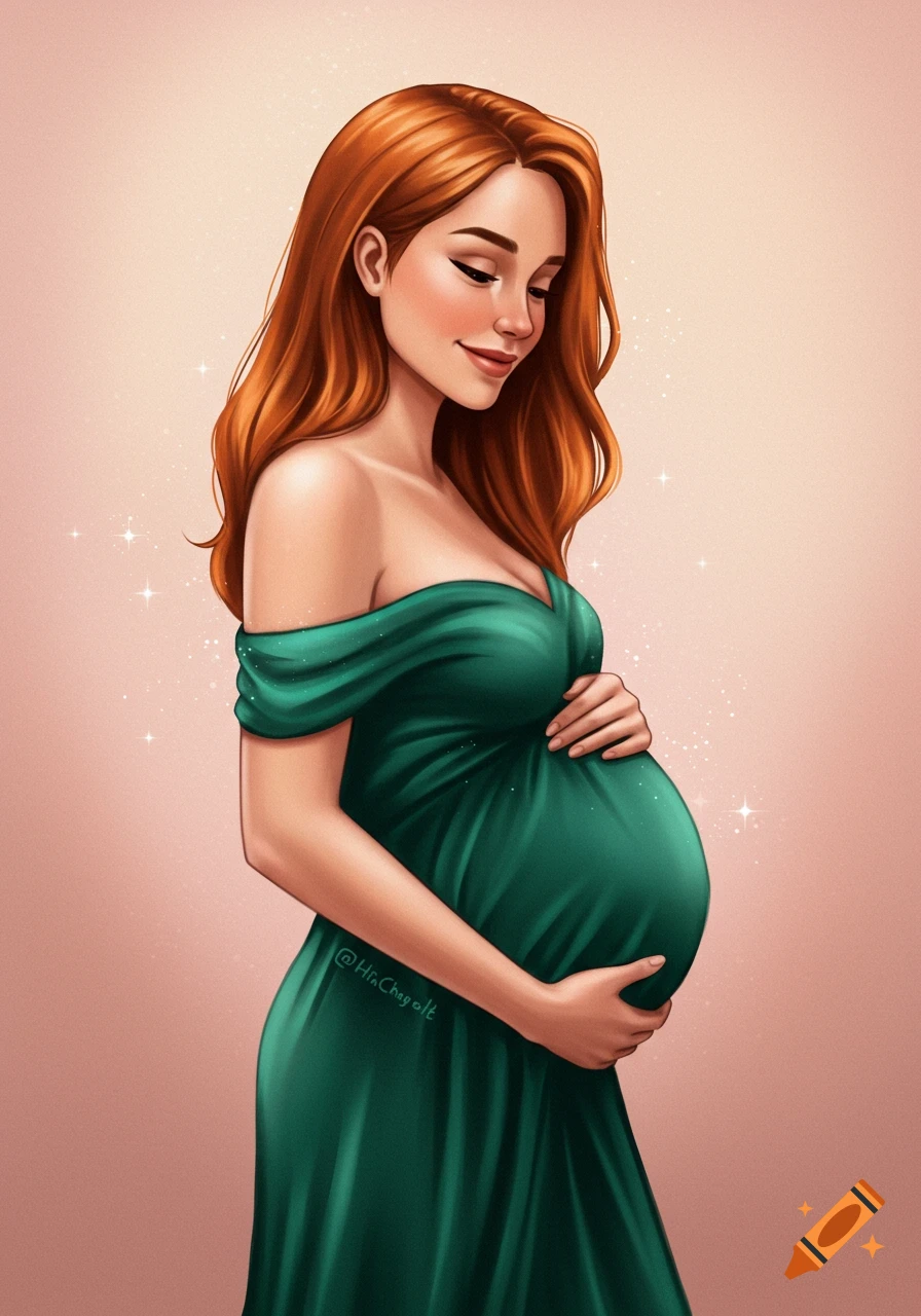 Stylized illustration of a pregnant woman in a green dress holding her belly.