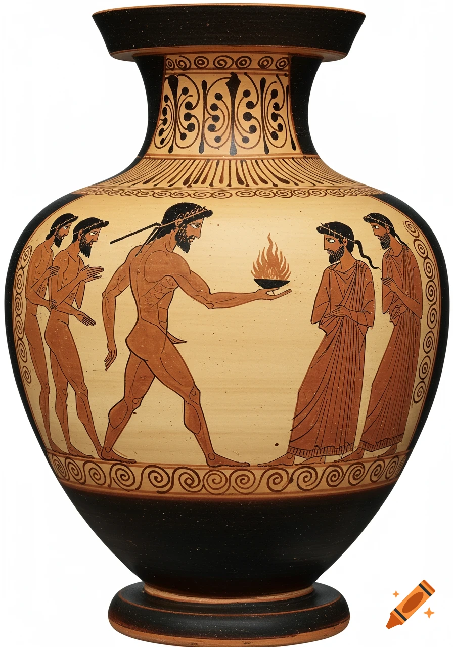 A Greek pottery vase depicting Prometheus giving fire to humans in a classical style.