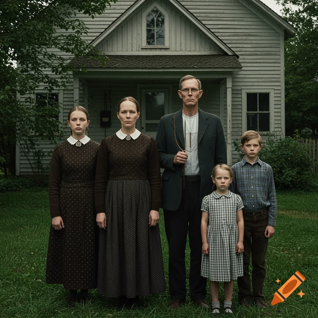 A family stands in front of a rural house, mimicking the composition of the American Gothic painting.